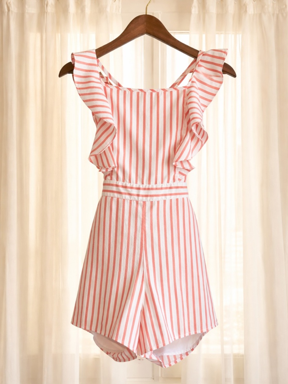 Main Strip Pink and White Striped Ruffle Romper Shorts
